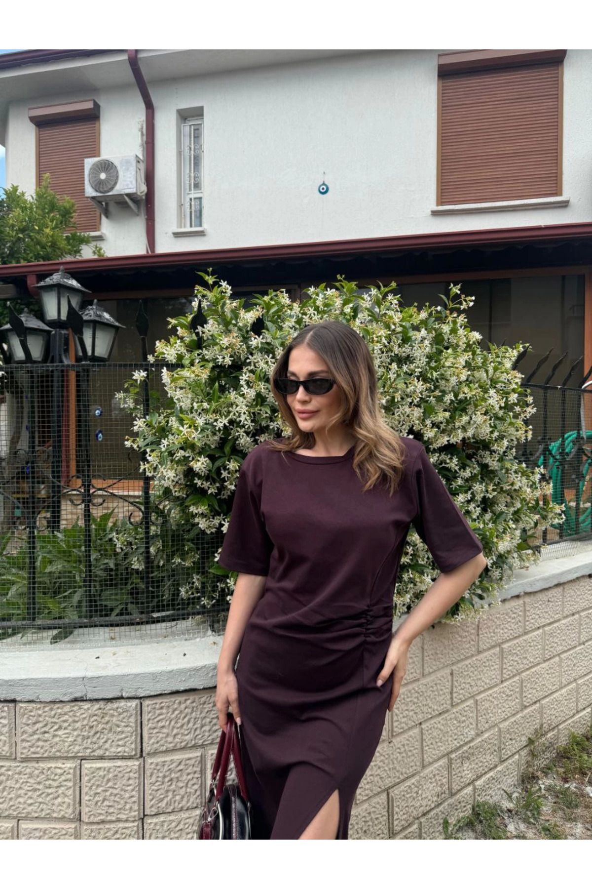 Pink Stil Kadın Kısa Kollu Uzun Yandan Yırtmaçlı Elbise - Kahverengi
