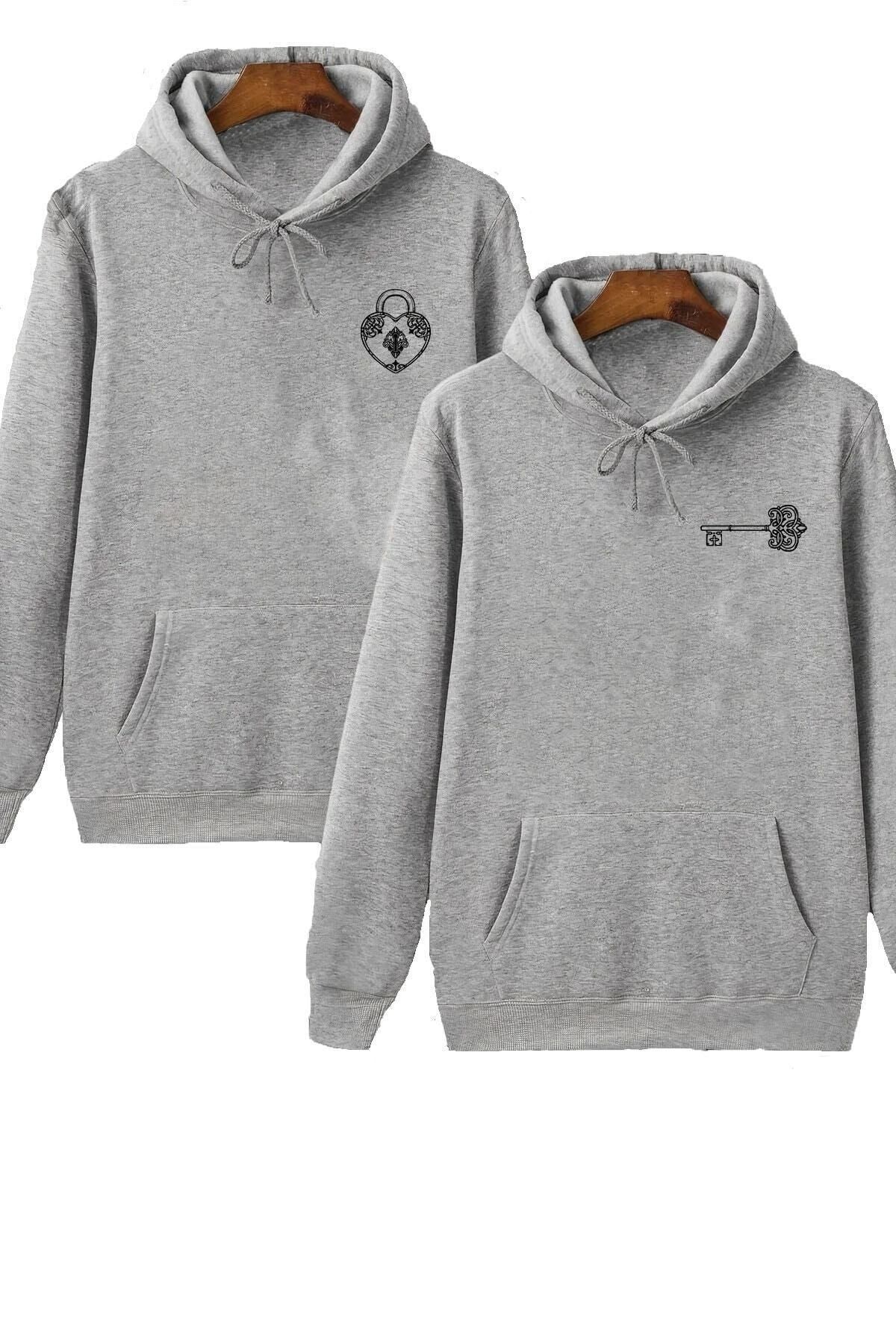 Boi Kalp Anahtar Sevgili Çift Kombin - Gri Baskılı Oversize Kapüşonlu Sweatshirt