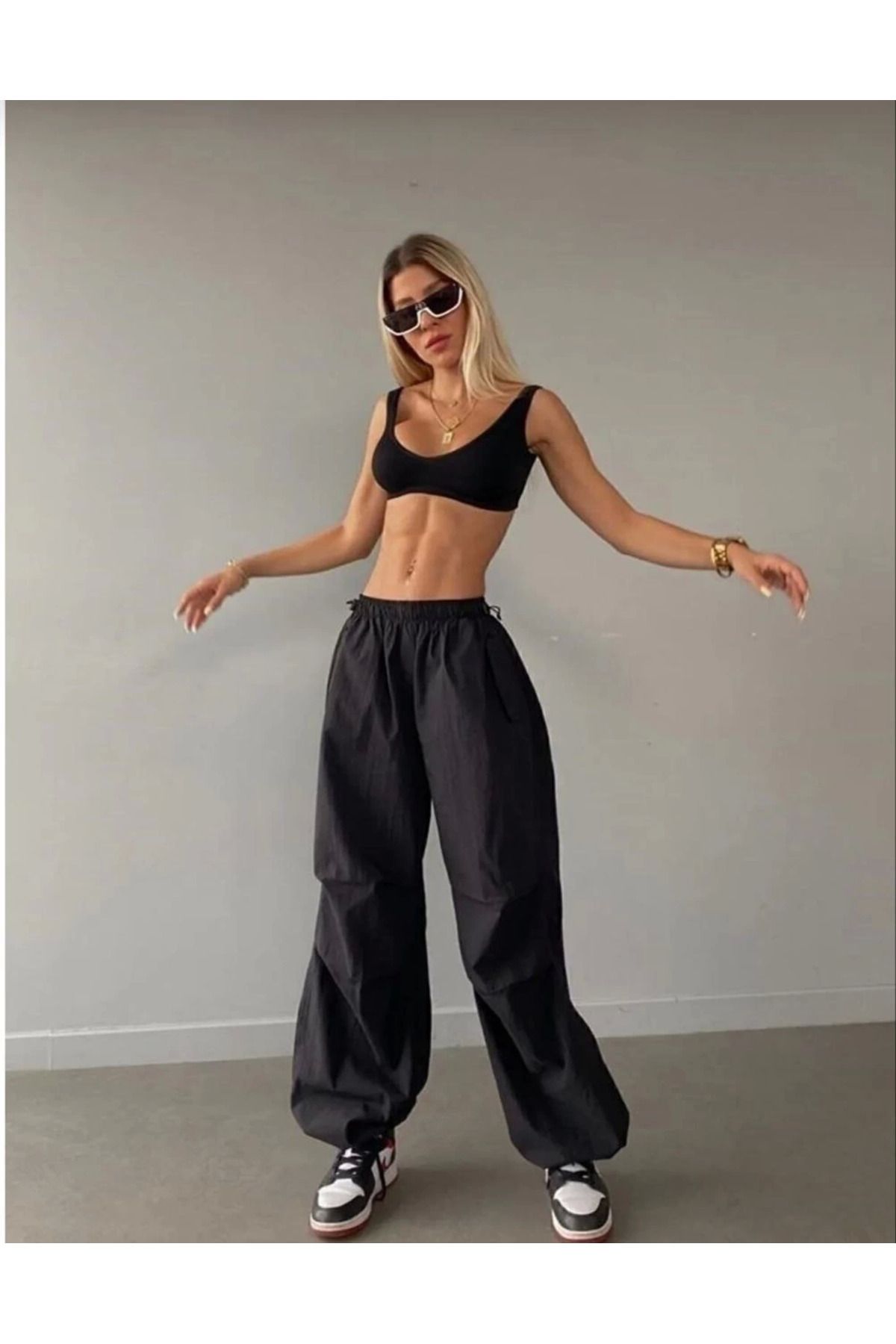 Pink Stil Kadın Cepli Paraşut Pantalon - Siyah