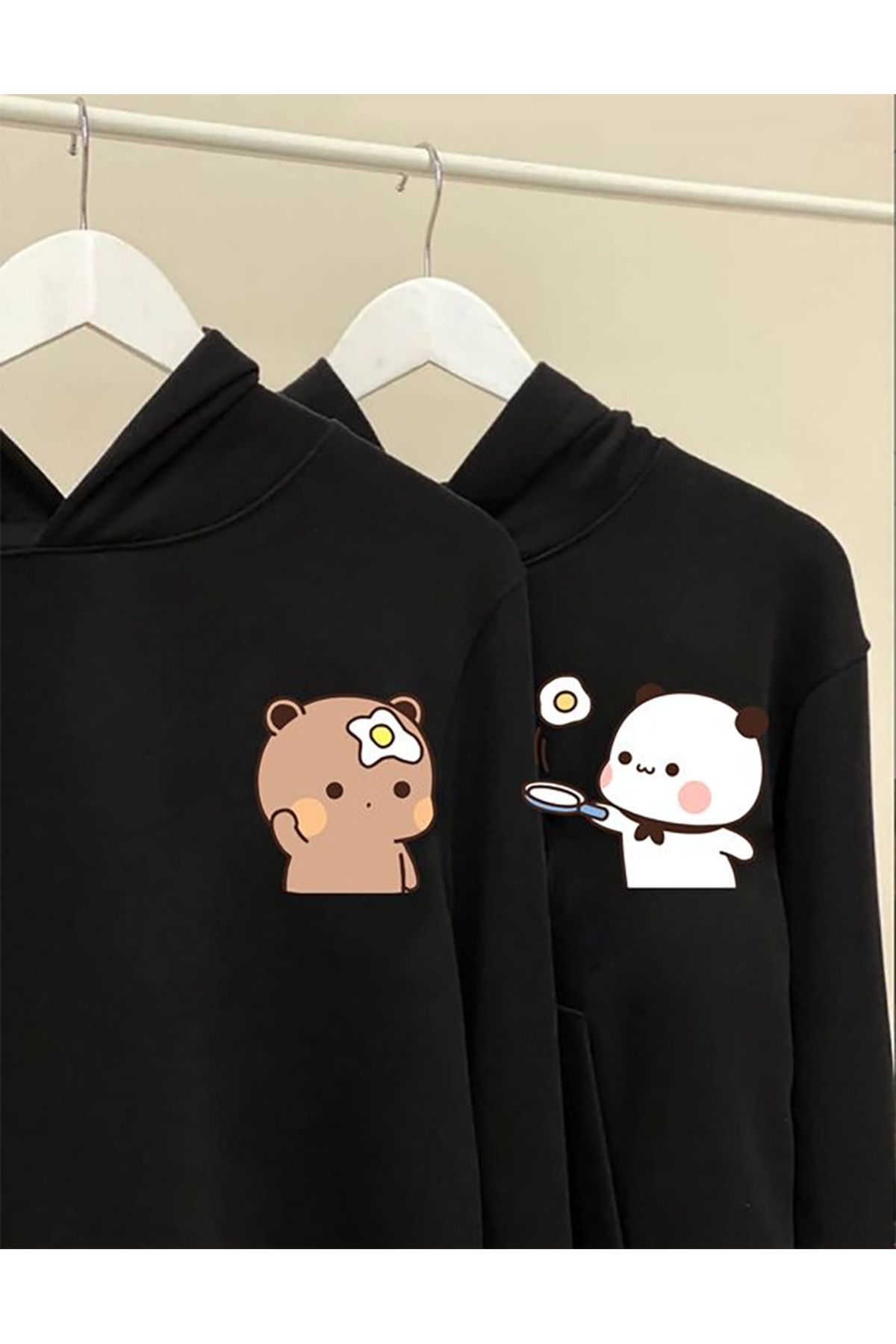 Boi Bubu Dudu Şef Sevgili Çift Kombin Sweatshirt - Siyah Baskılı Oversize Kapüşonlu
