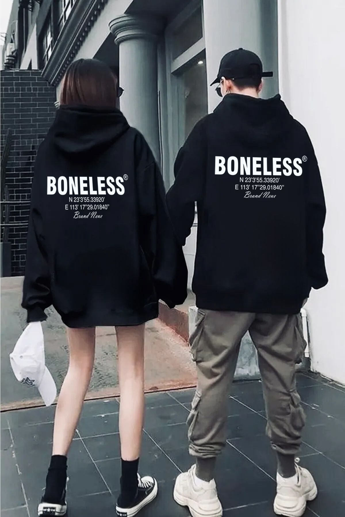 Boi Boneless Sevgili Çift Kombin - Siyah Baskılı Oversize Kapüşonlu Sweatshirt
