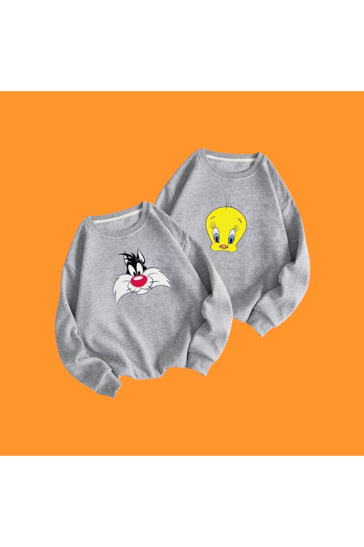 Boi Sylvester Tweety Sevgili Çift Kombin - Gri Baskılı Oversize Bisiklet Yaka Sweatshirt