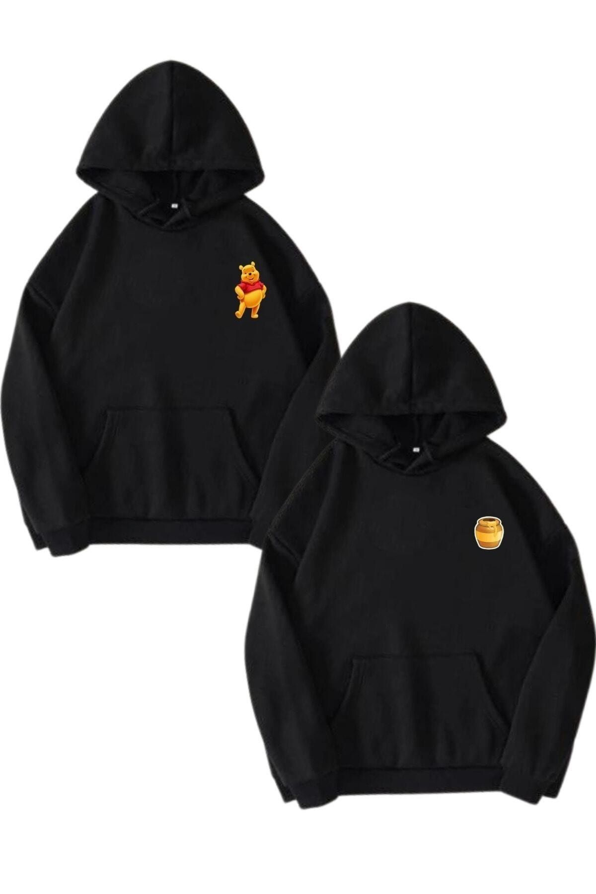 Boi Ayı Winnie Bal Kovan Sevgili Çift Kombin - Siyah Baskılı Oversize Kapüşonlu Sweatshirt