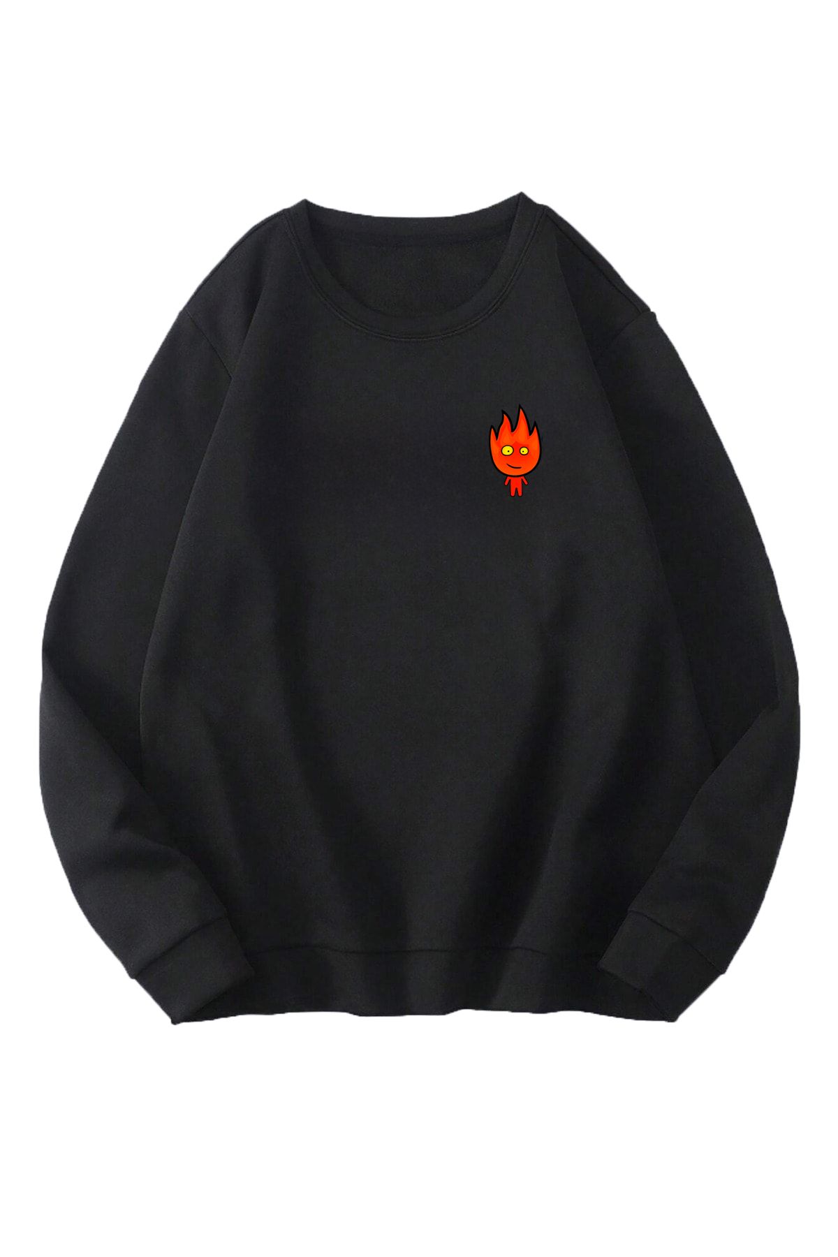 Boi Ateş Sweatshirt - Siyah Baskılı Oversize Sweatshirt Bisiklet Yaka Unisex