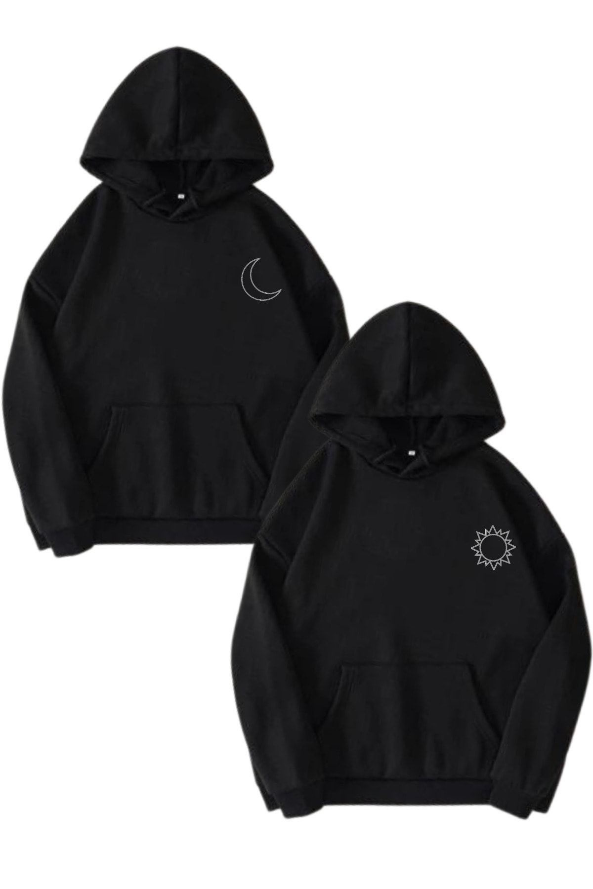 Boi Ay Güneş Sevgili Çift Kombin - Siyah Baskılı Oversize Kapüşonlu Sweatshirt