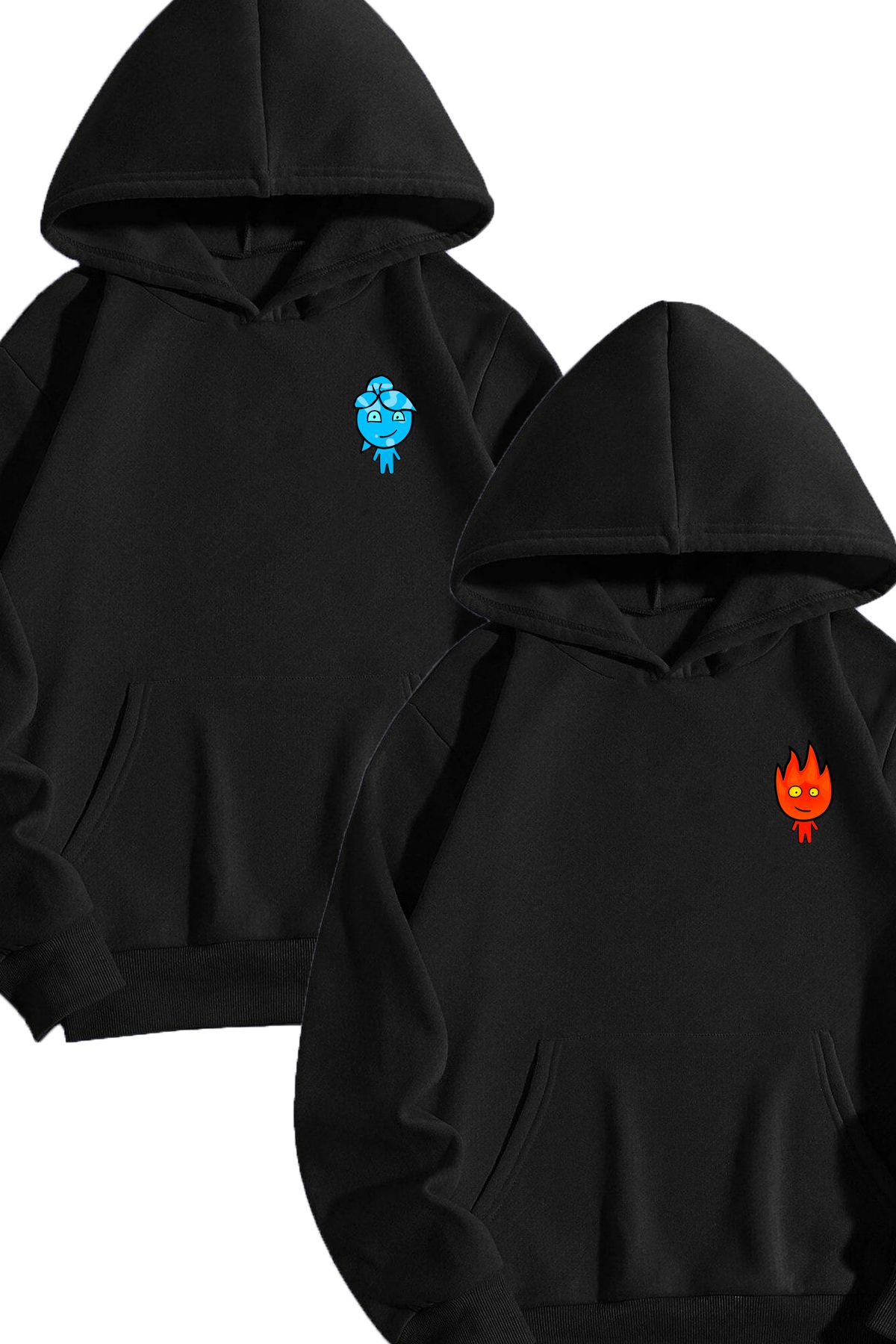 Boi 2'Li Ateş Ve Su Sweatshirt - Siyah Baskılı Oversize Sweatshirt Kapüşonlu