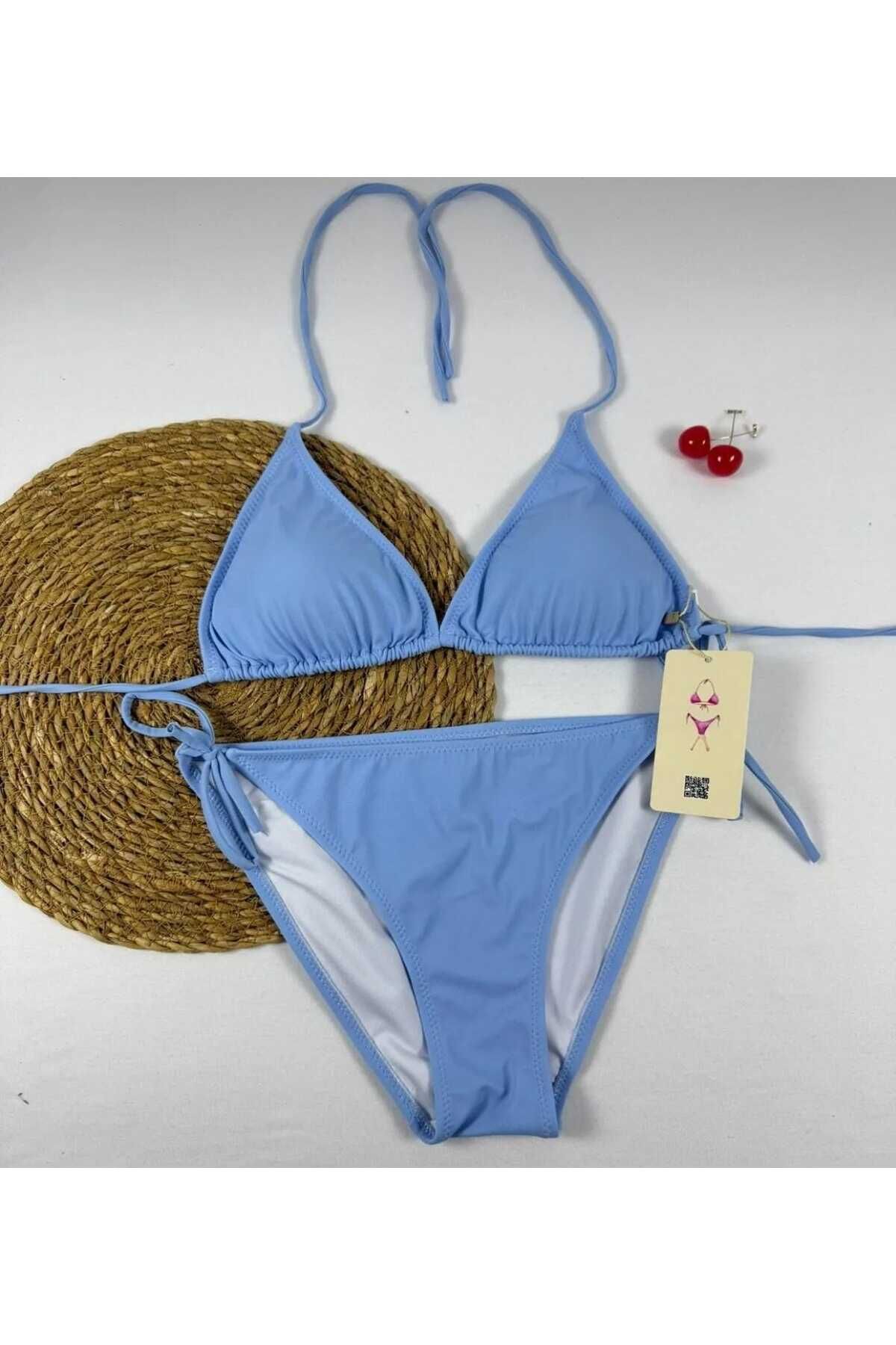 XORVİO Kadın Likralı Esnek Yandan Ve Boyundan Bağlamalı Şık Ipli Üçgen Açık Mavi Bikini Takım