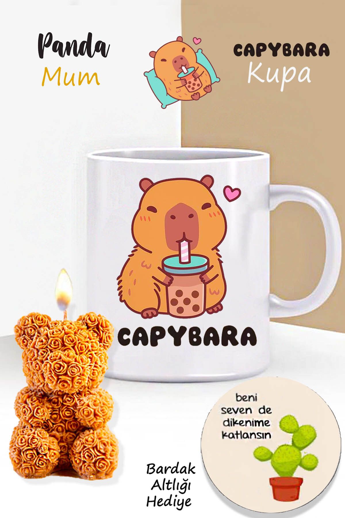 RETROGO Kapibara Capybara Kupa & & Gül Desenli Teddy Bear Ayıcık Mum & Bardak Atlığı