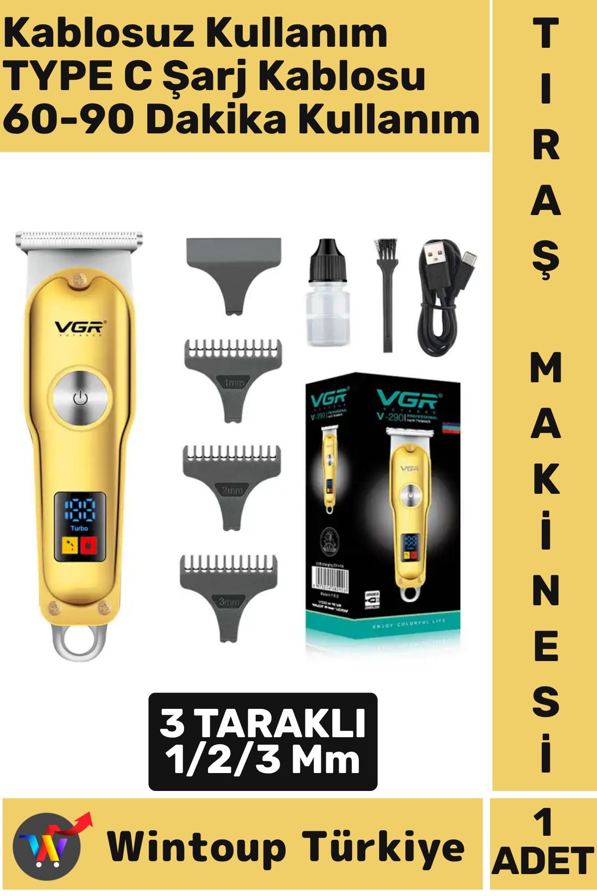 Wintoup Kablosuz Kullanım Saç Kısaltma Sakal Ense 60 Dk Kullanım Çok Şık GOLD Renk Dijital Tıraş Makinesi