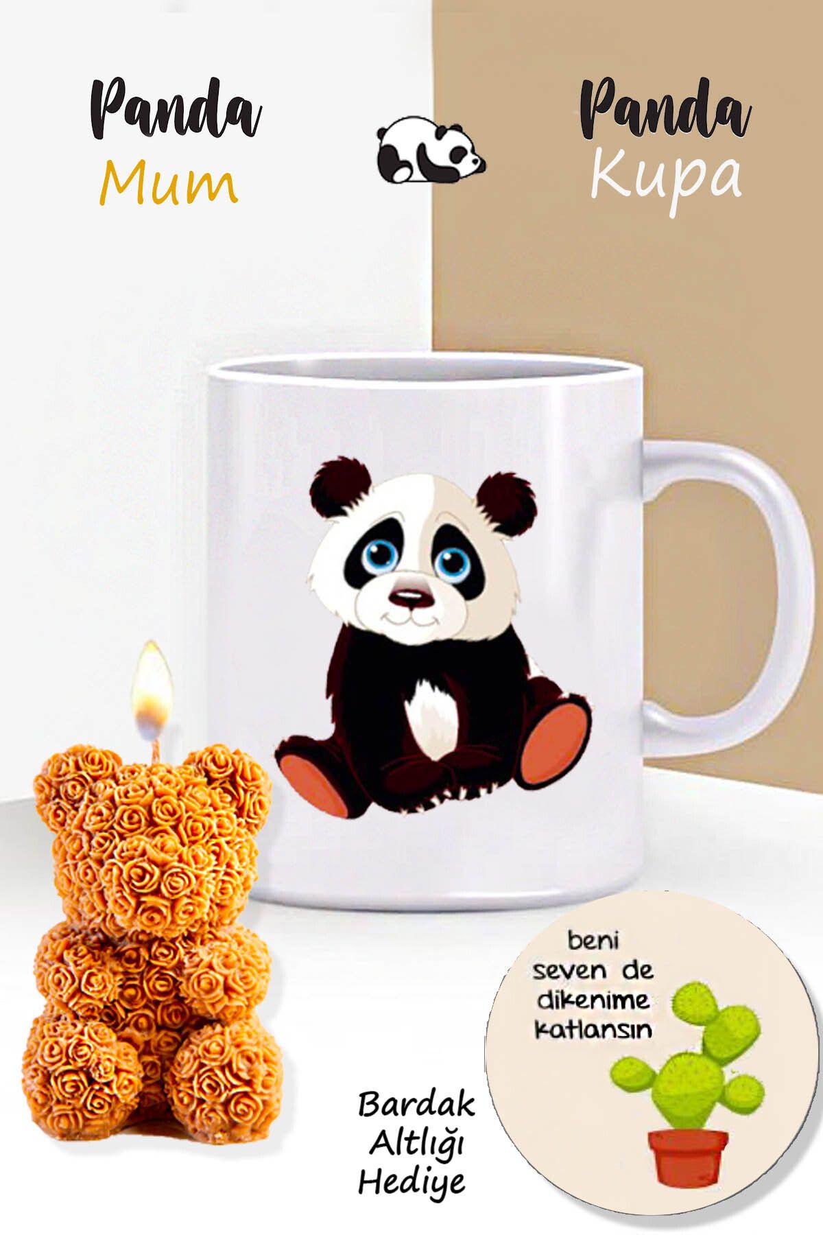 RETROGO Sevimli Panda Kupa & & Gül Desenli Teddy Bear Ayıcık Mum & Bardak Atlığı