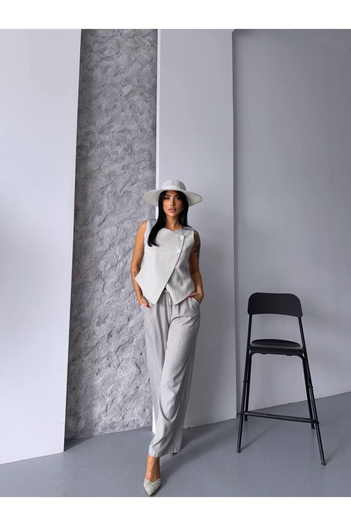 Castivo Fashion Keten Görünümlü Çizgili Kolsuz Yelek Takım