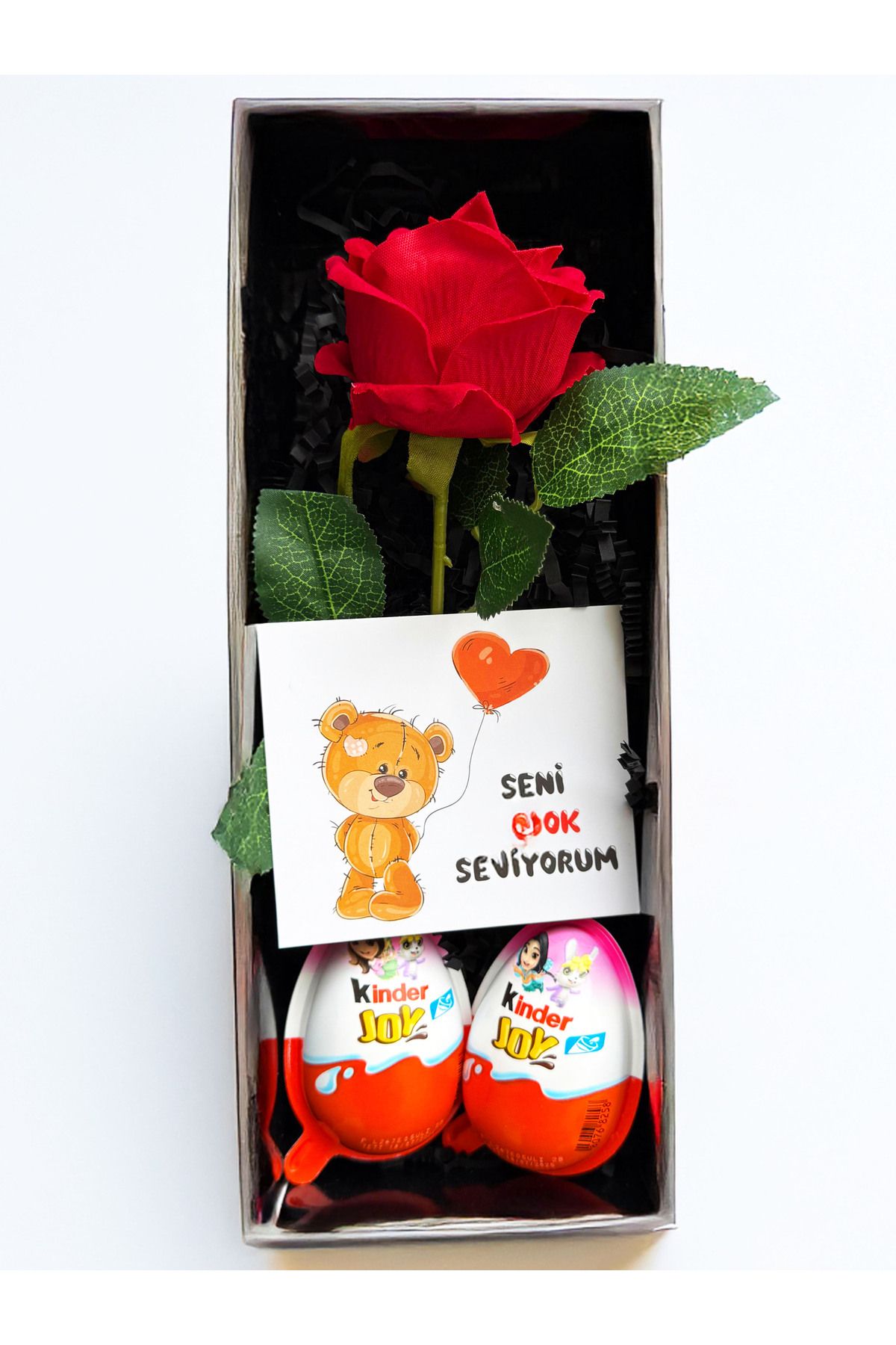 lenostra Ese Hediye Sevgiliye Hediye Kiz Arkadasa Hediye Kırmızı Gül ve Kinder Joy Yumurtalar Sevgiliye Cicek