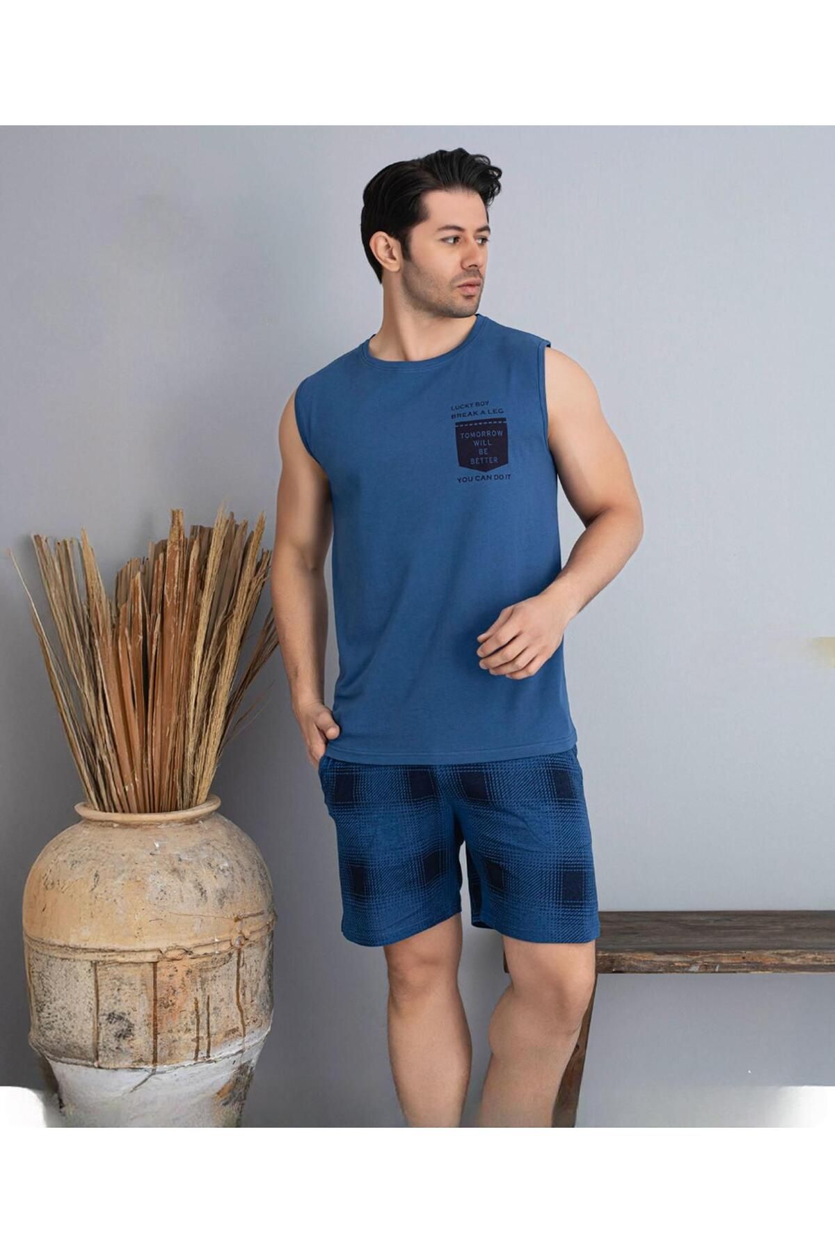 Pijamoni Erkek Bisiklet Yaka Kolsuz Şortlu Pijama Takımı 6185/9 - 1 Adet