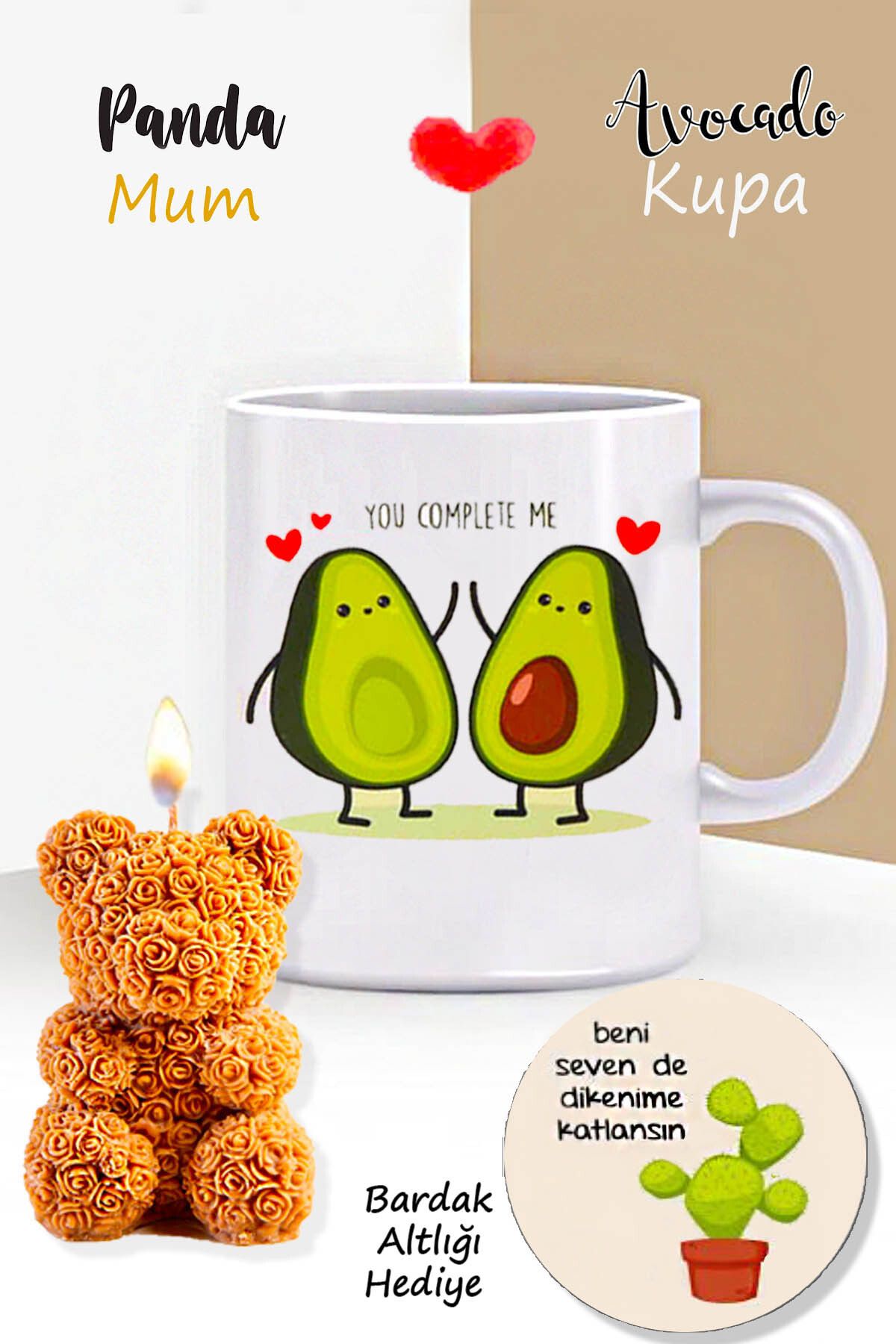RETROGO Avokado Avakado Kupa & & Gül Desenli Teddy Bear Ayıcık Mum & Bardak Atlığı