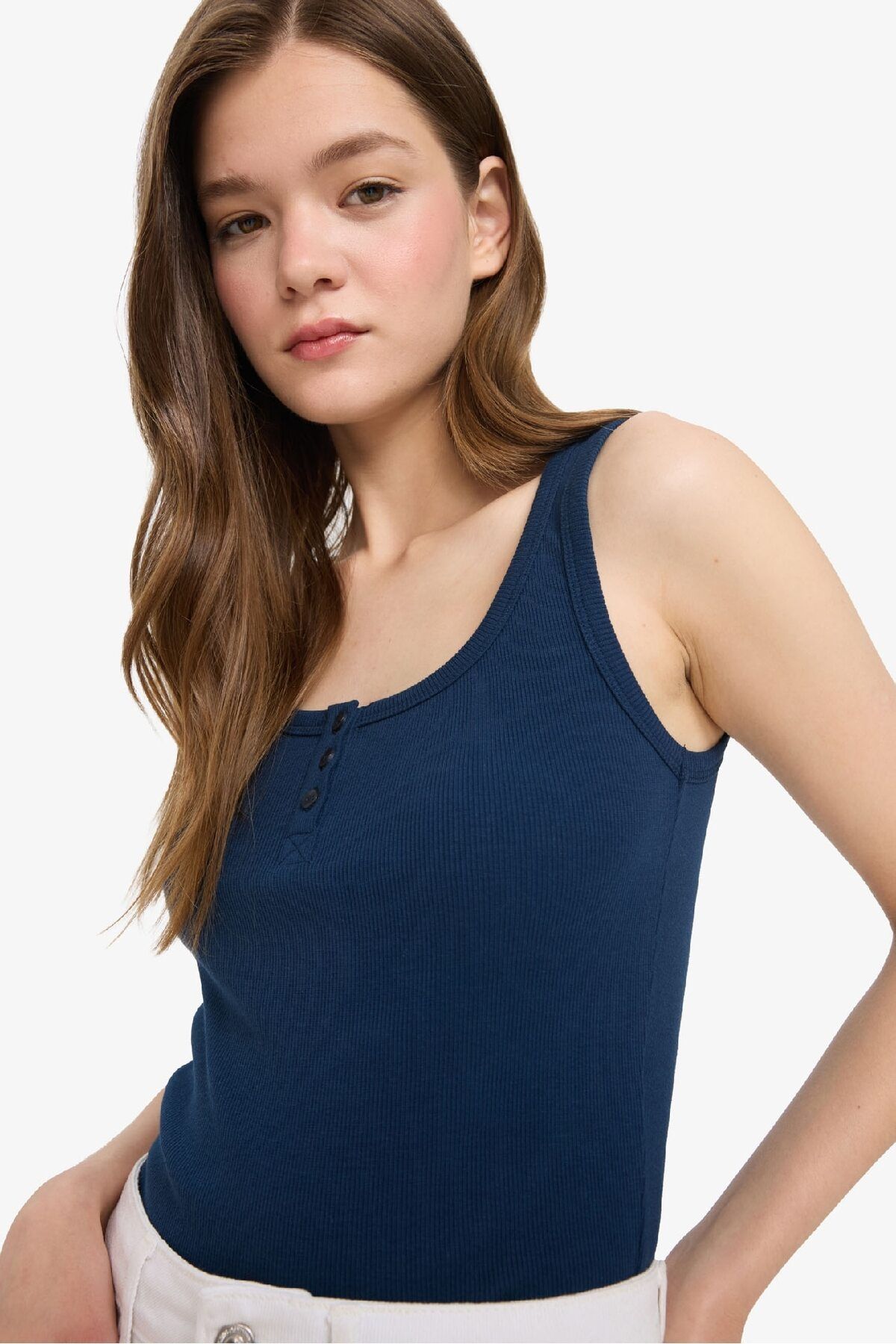 DeFacto Coool Fitted Düğmeli Yaka Fitilli Kaşkorse Atlet F0001AX25SM