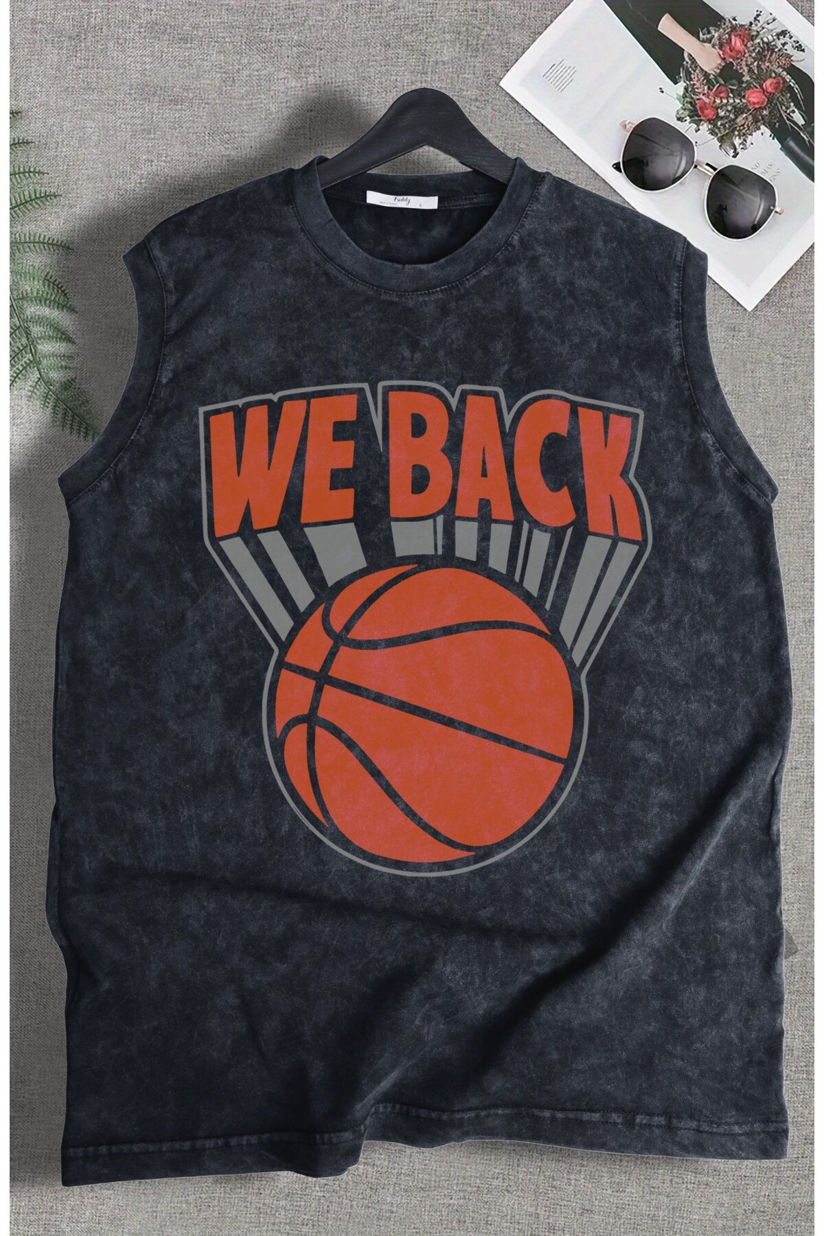 Fuddy Moda We Back Yazılı Yıkamalı Kolsuz Tişört, Unisex Basketbol Temalı Sıfır Kollu Vintage Atlet