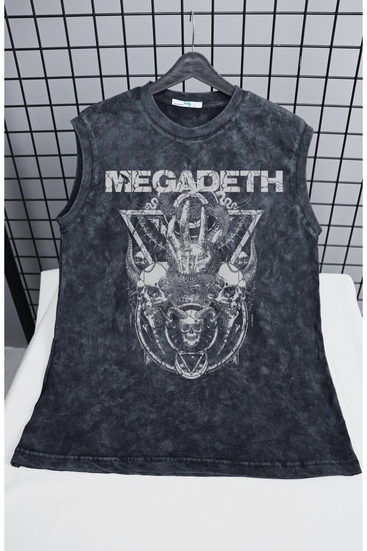 Fuddy Moda Megadeth Yazılı Yıkamalı Kolsuz Tişört, Unisex Rock Band Temalı Sıfır Kollu Eskitme Atlet