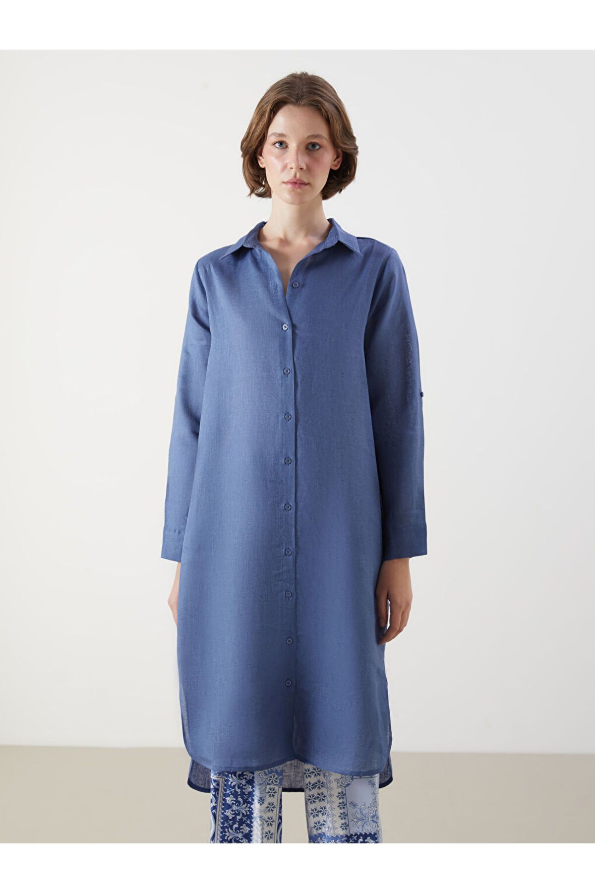 LC Waikiki LCWAIKIKI Classic Lacivert Keten Kadın Gömlek Tunik S5NF52Z8NVY25
