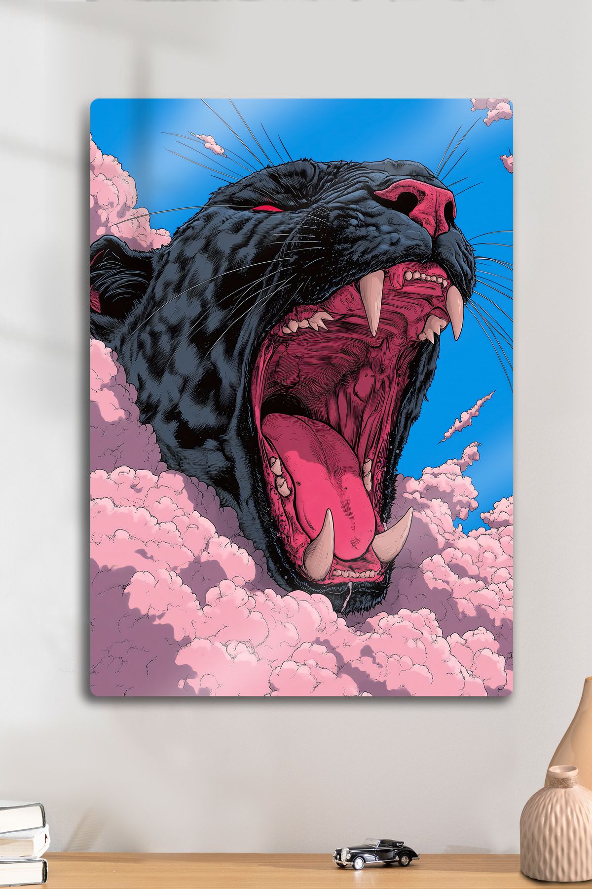 DekorHane 3D Görünüm, Metal Baskı 4K Ultra Parlak Tablo, Siyah Panter, Black Pink Detay, Dekoratif Ev Ofis