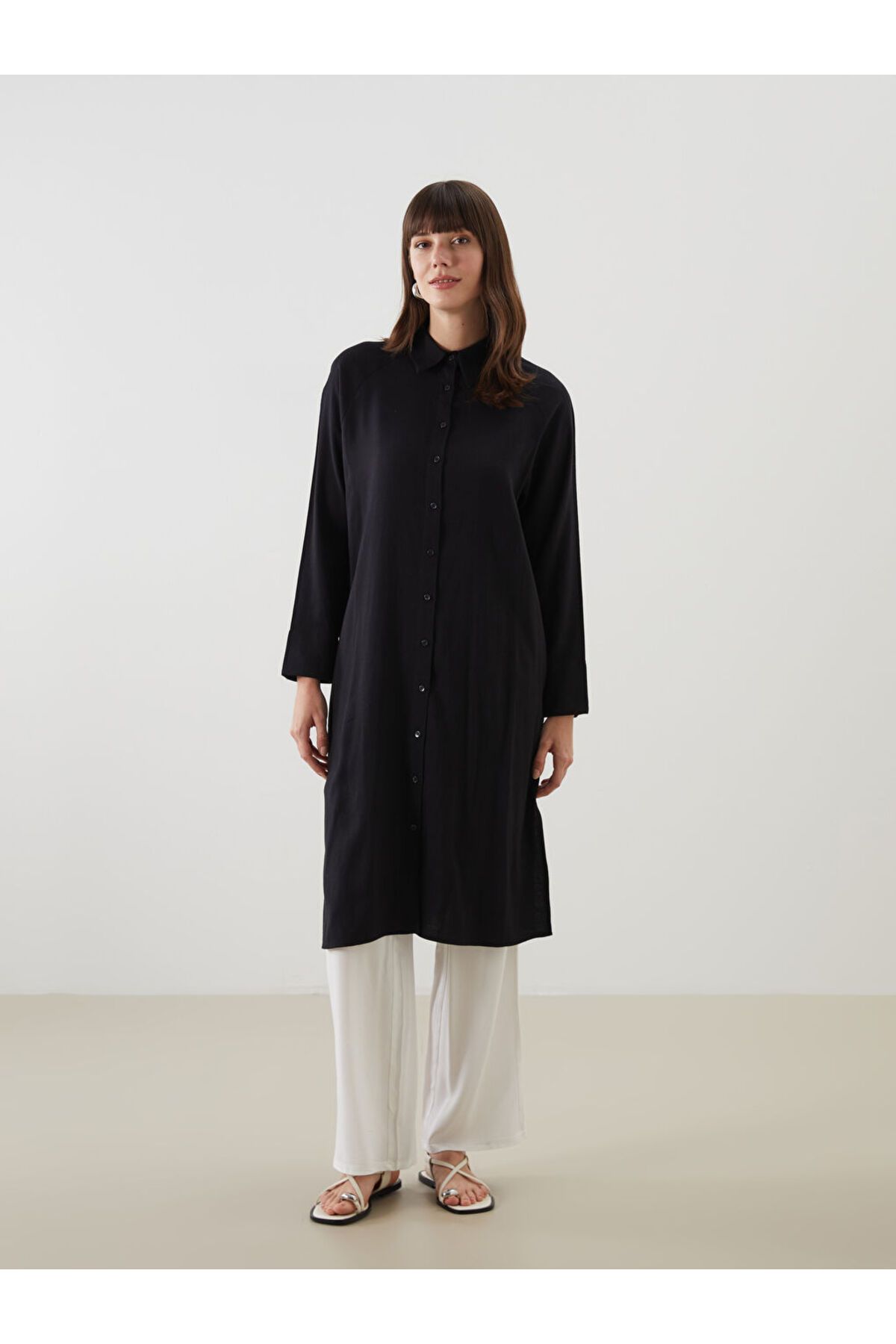 LC Waikiki LCW Modest Siyah Keten Karışımlı Kadın Gömlek Tunik S5LL44Z8NVY25