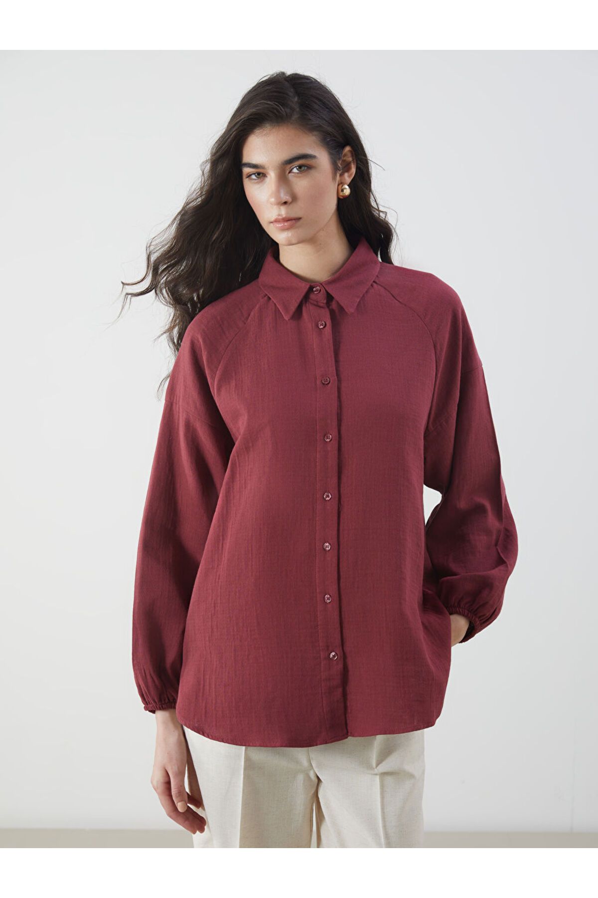 LC Waikiki LCW Modest Bordo Oversize Müslin Kadın Gömlek S5MU21Z8NVY25