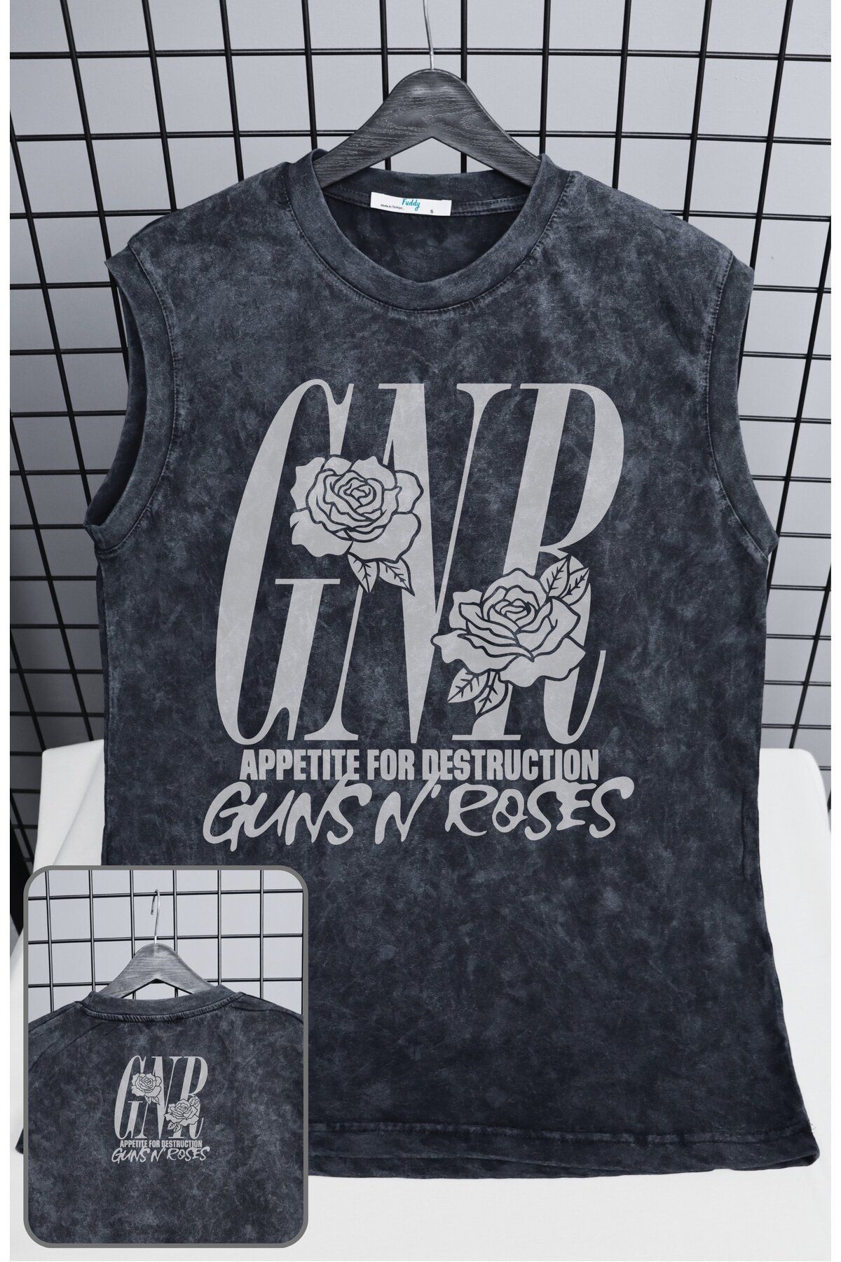 Fuddy Moda GNR Guns N' Roses Baskılı Yıkamalı Kolsuz Tişört, Unisex Rock Band Temalı Sıfır Kollu Vintage Atlet