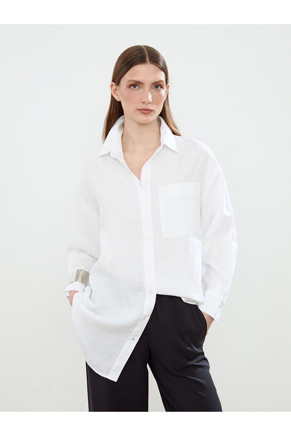LC Waikiki LCW Modest Beyaz Oversize Keten Kadın Gömlek Tunik S5N715Z8NVY25