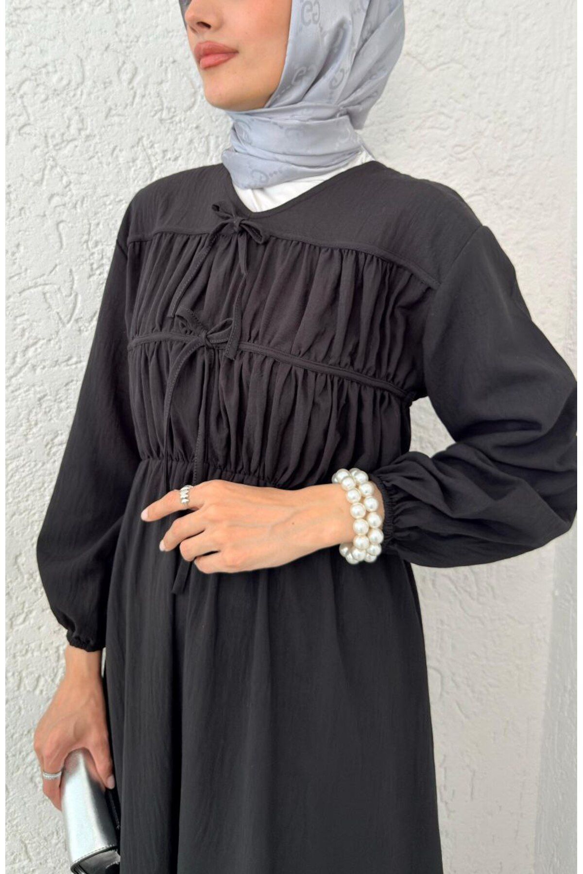 Castivo Fashion Fırfır Bağcıklı Kruvaze Yaka Salaş elbise