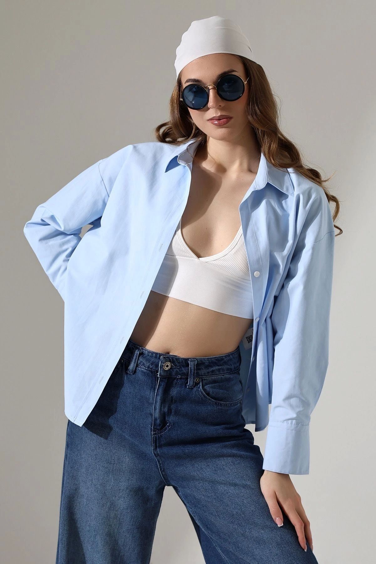 DEFNADA Kadın Gömlek Mavi Renk Oversize Rahat Kesim Poplin Kumaş Gomlek