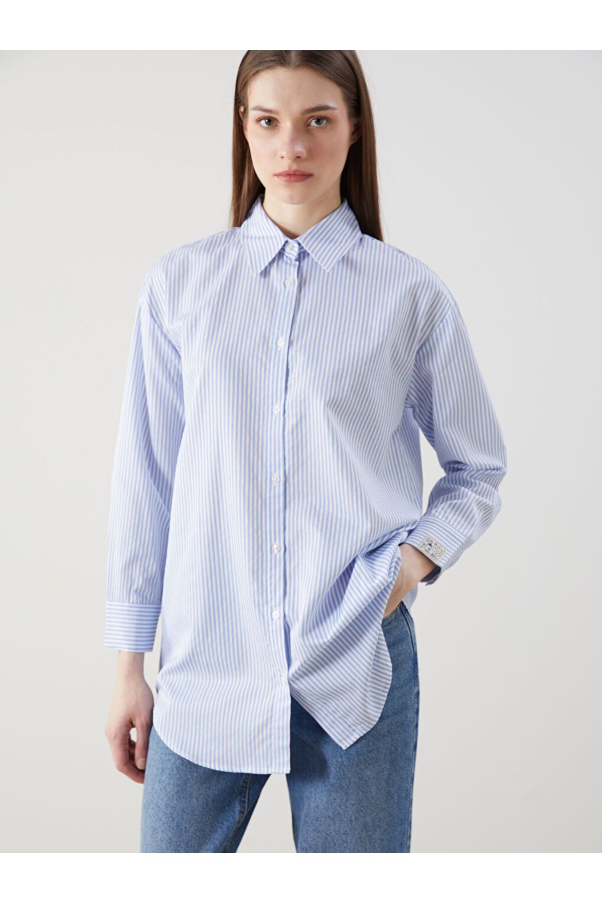 LC Waikiki LCW Modest Mavi Çizgili Poplin Kadın Gömlek Tunik S5KJ02Z8NVY25
