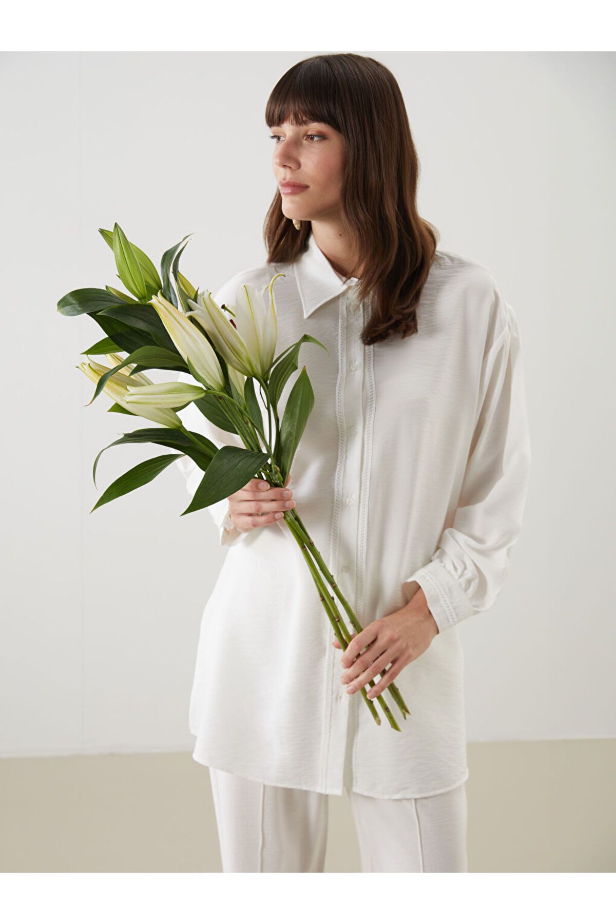 LC Waikiki LCW Modest Ekru Oversize Kadın Gömlek Tunik S5LO41Z8NVY25