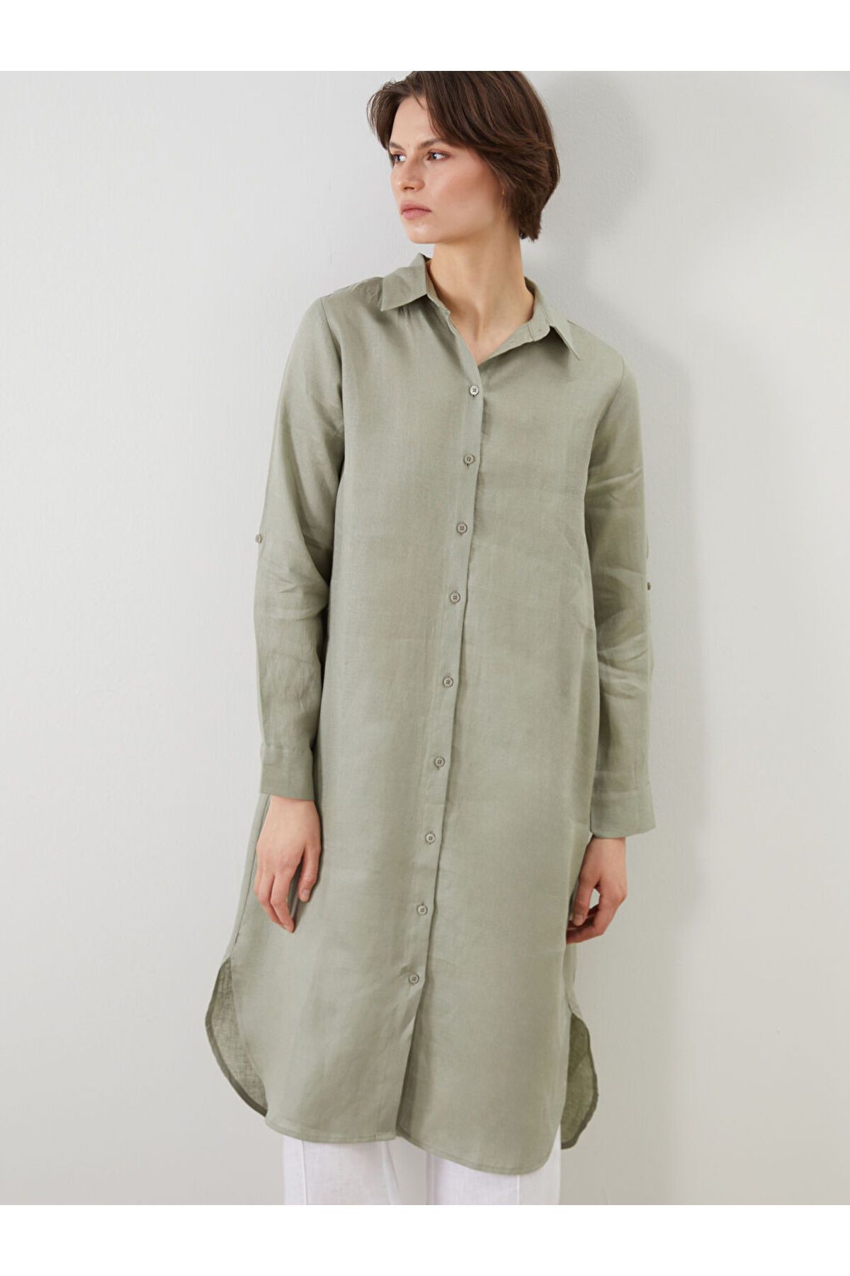 LC Waikiki LCWAIKIKI Classic Haki Keten Kadın Gömlek Tunik S5NF52Z8NVY25