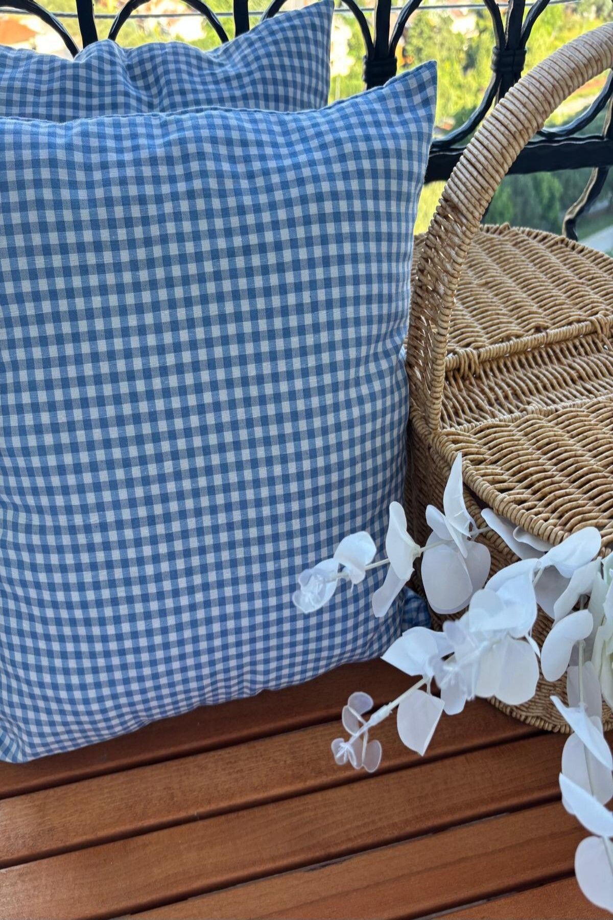 zarafet concept Mavi Zefir Kumaş, Kareli Dolgulu 2 Adet Piknik Minderi 40*40