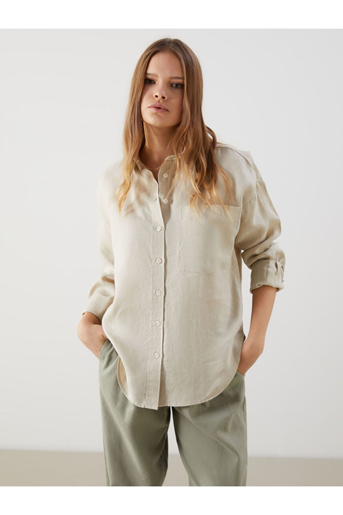 LC Waikiki XSIDE Bej Oversize Keten Kadın Gömlek S5LT33Z8NVY25