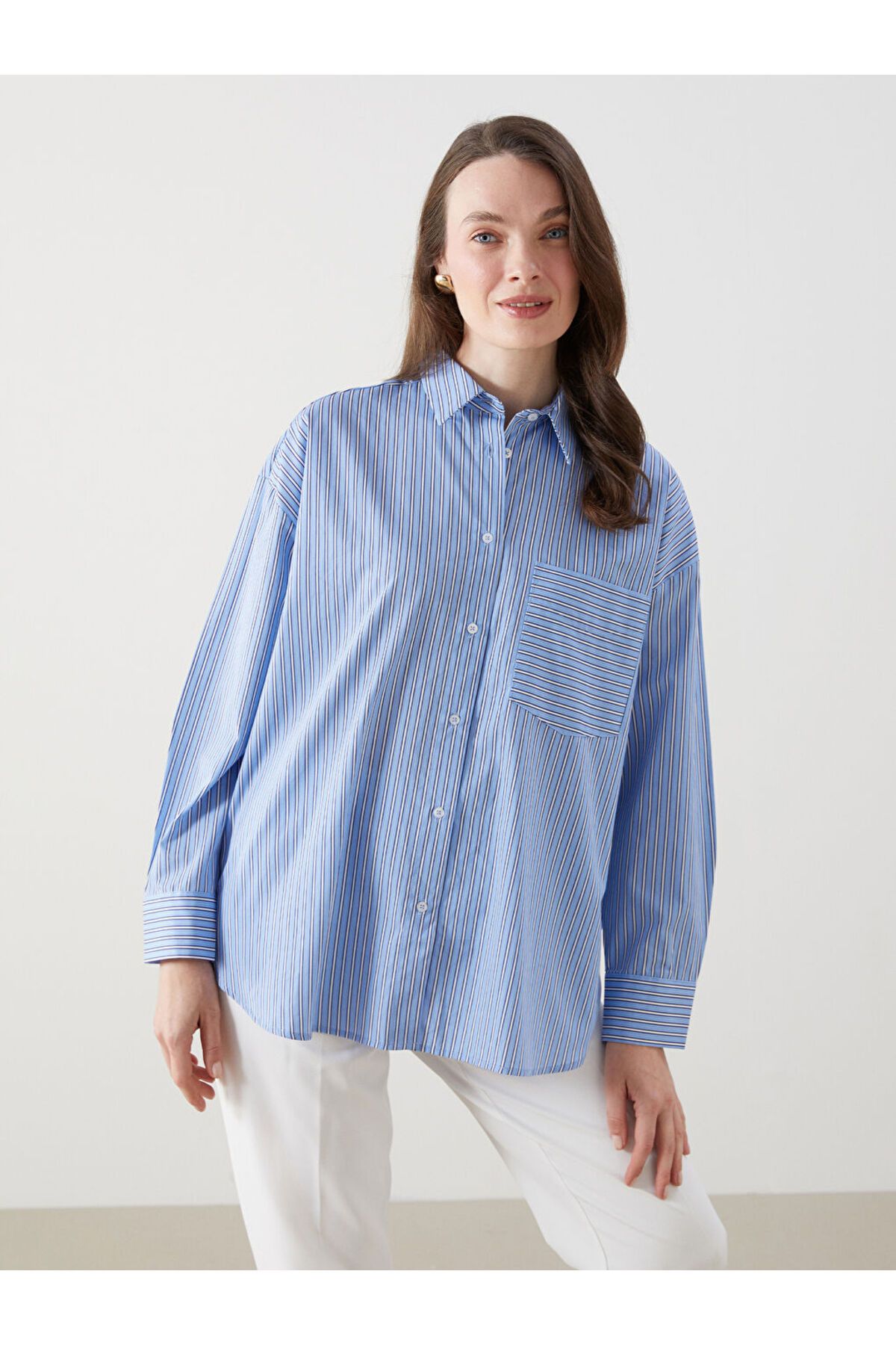 LC Waikiki LCW ECO Mavi Çizgili Oversize Poplin Kadın Gömlek S5L426Z8NVY25