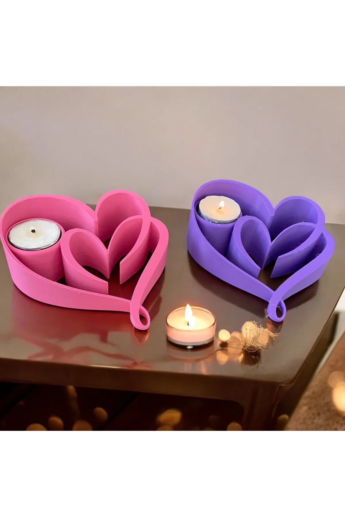 ALFA3D 3DKalp Şekilli Çiftli Dekoratif Mumluk Seti – Pembe & Mor Renkli (Mum Hediyeli)