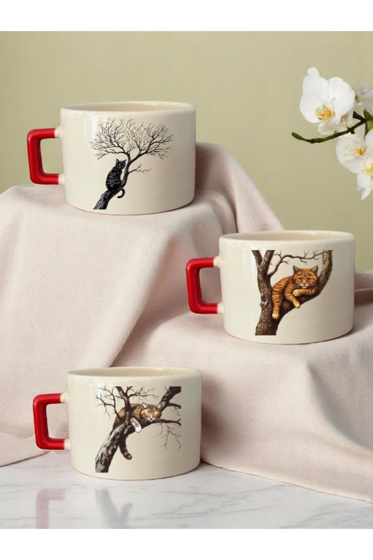 lili hediyelik Ağaçta Kedi Baskılı Seramik Kupa Bardak