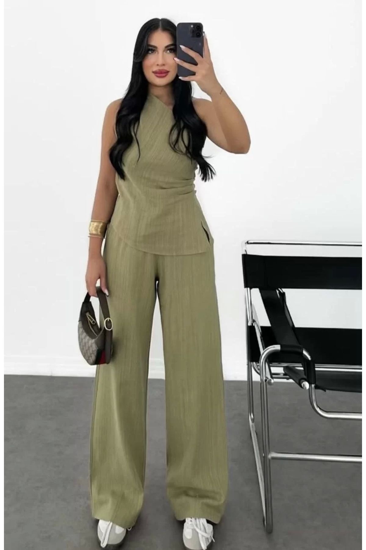 LUSHİOWEAR Kadın Keten Asimetrik Tek Omuzlu Bluz Pantalon Takım- Su Yeşili
