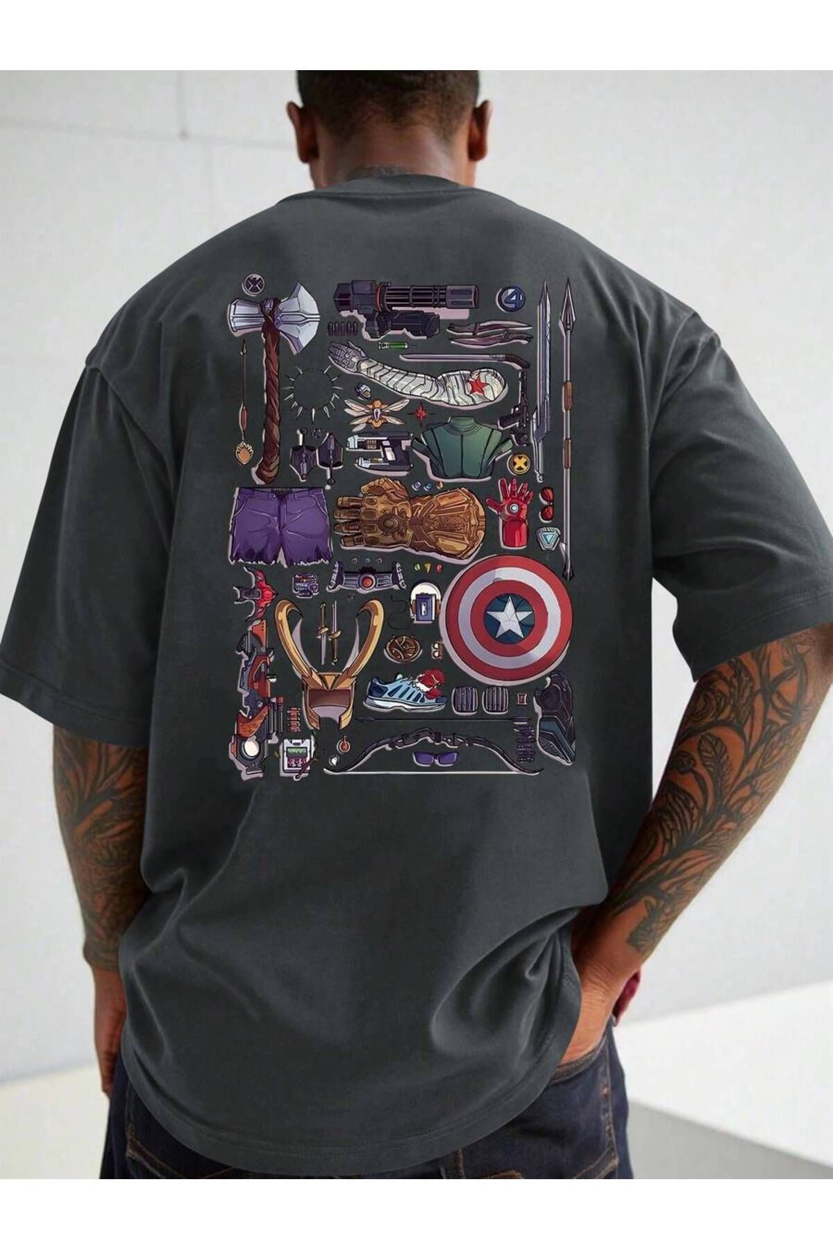 cc collection Kadın/Erkek Yenilmezler Figürleri Baskılı Oversize Pamuklu T-Shirt Tişört