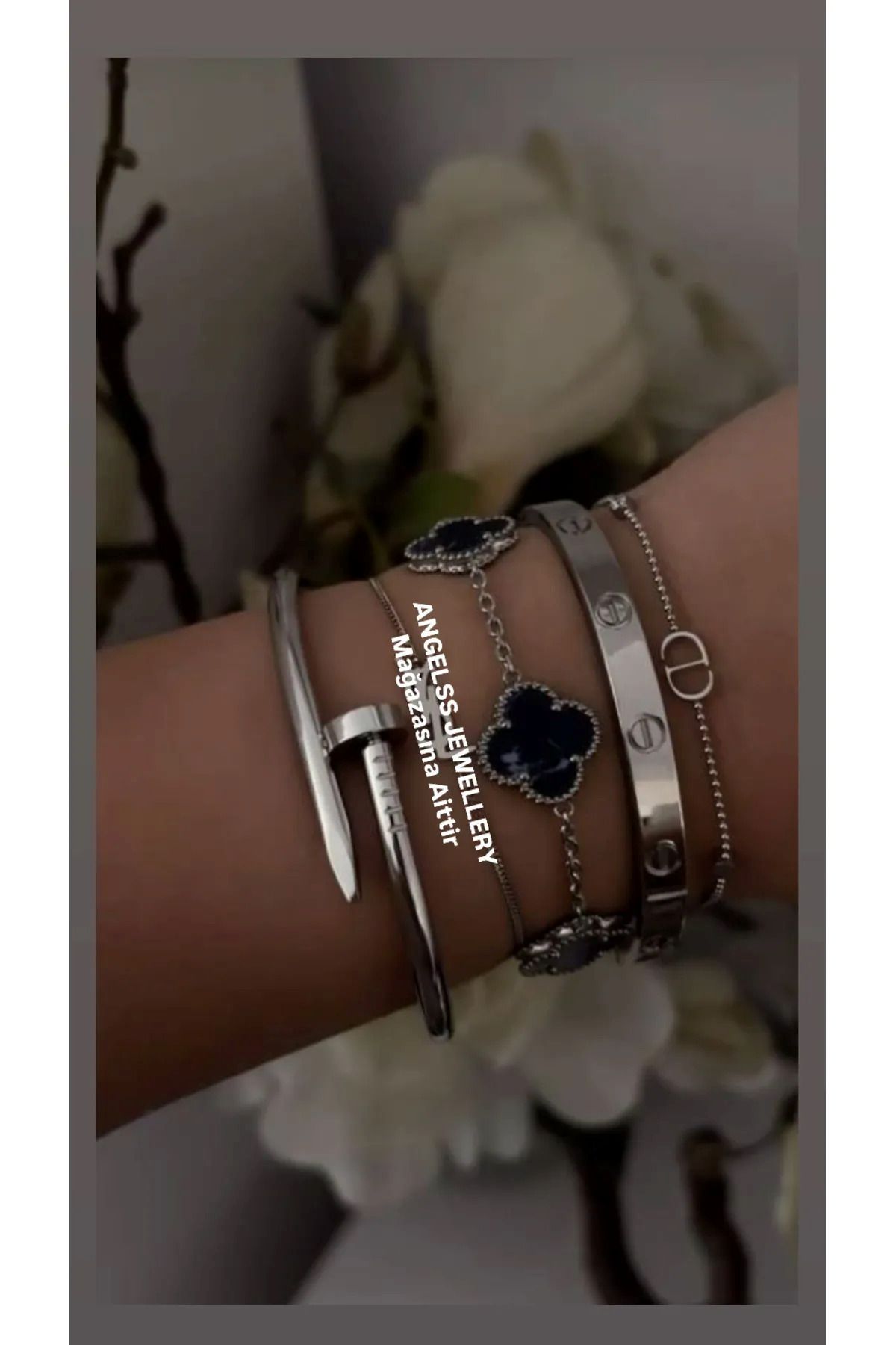ANGELSS JEWELLERY Üçlü Kombin Van Cleeff Yonca Model Gümüş Çivi Kelepçe Set (3’lü Yonca Çivi Kelepçe Set)