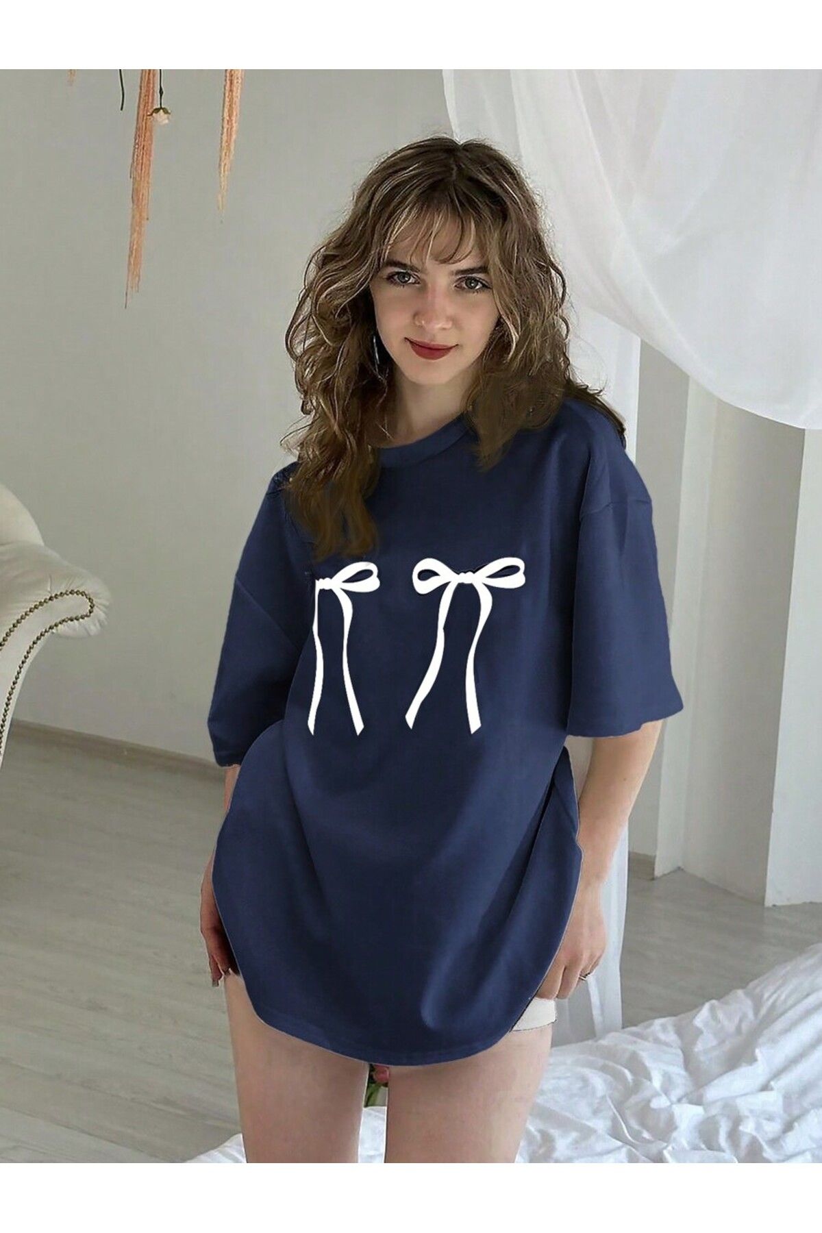 cc collection Kadın KURDELE Renkli Özel Baskılı Oversize Pamuklu Bisiklet Yaka T-Shirt Tişört