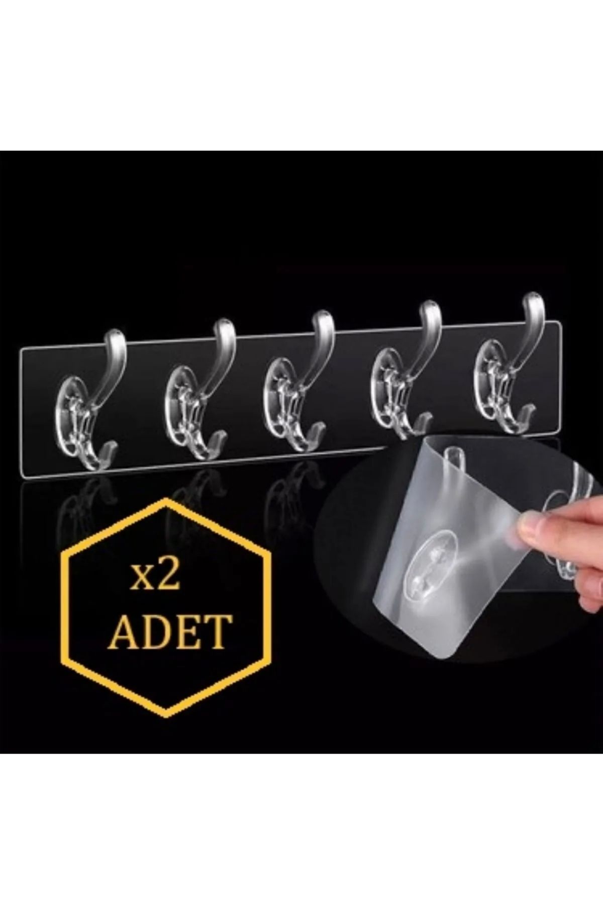 Premium Home 2 Adet Kendinden Yapışkanlı Güçlü Şeffaf 5li Askılık - Kapı Arkası Mutfak Duvar Banyo