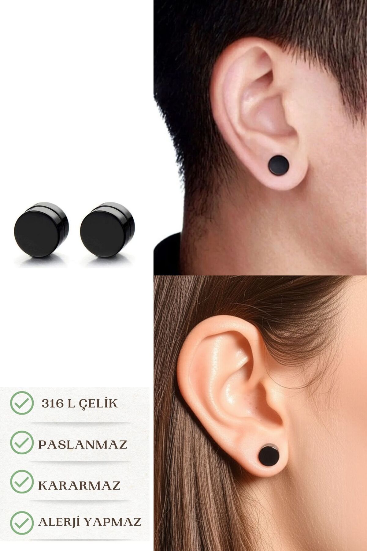 Lynare Mıknatıslı Trend Siyah Düz Yuvarlak Kadın Erkek Unisex Çelik Küpe 8mm 2 Adet