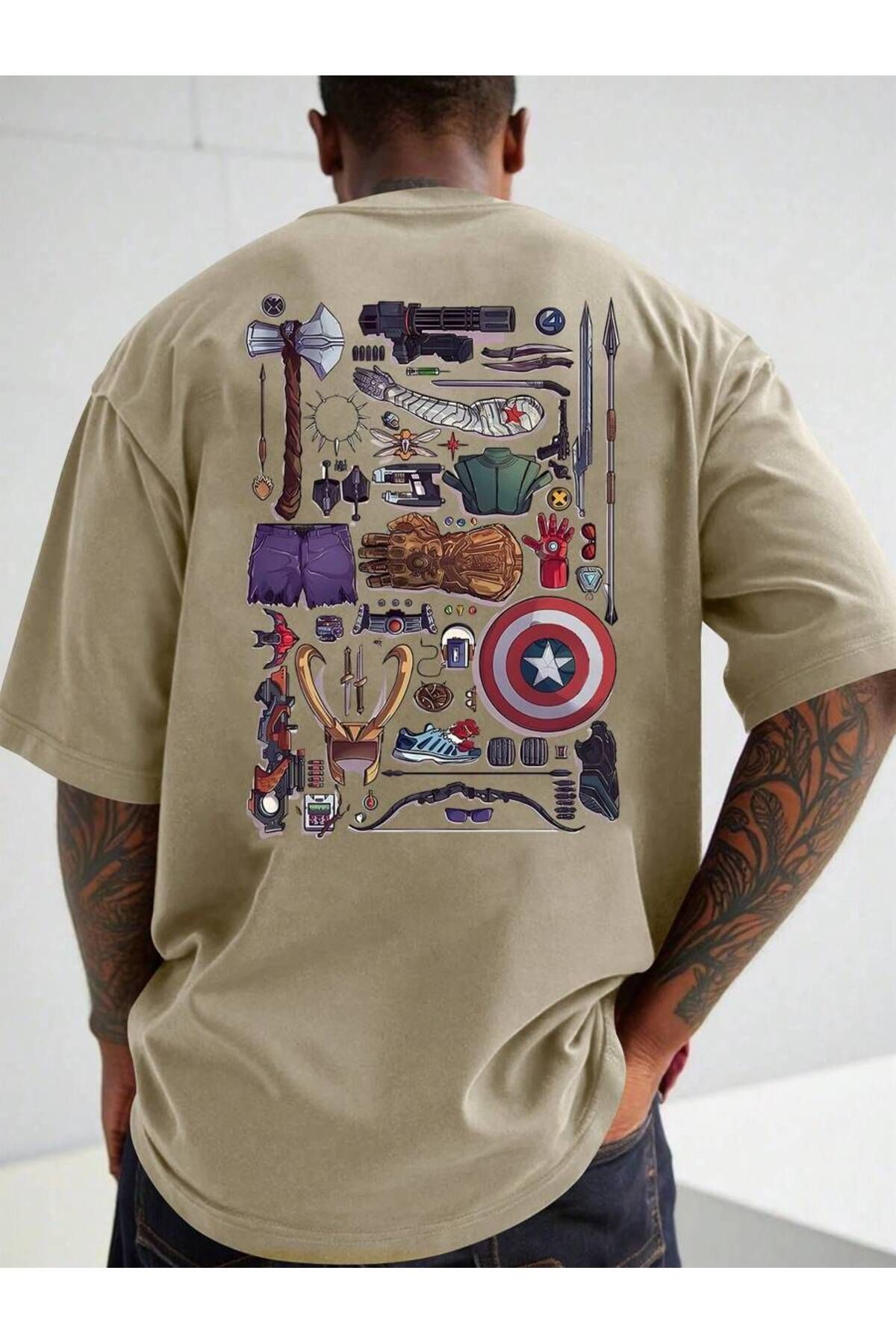 cc collection Kadın/Erkek Yenilmezler Figürleri Baskılı Oversize Pamuklu T-Shirt Tişört