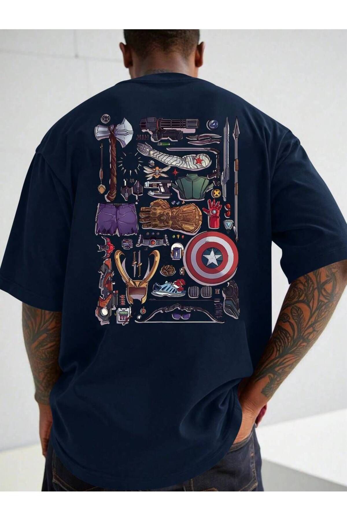 cc collection Kadın/Erkek Yenilmezler Figürleri Baskılı Oversize Pamuklu T-Shirt Tişört