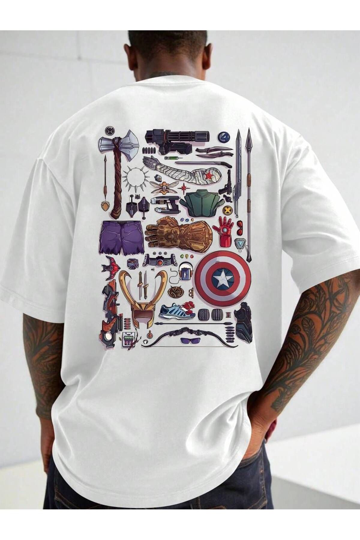 cc collection Kadın/Erkek Yenilmezler Figürleri Baskılı Oversize Pamuklu T-Shirt Tişört