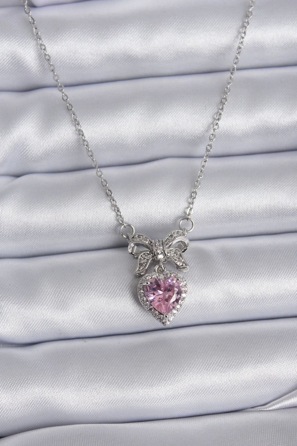 STOREMAX 316L Çelik Gümüş Renk Zincir Pembe Kristal Kalp Zirkon Taşlı Kurdele Model Kadın Kolye