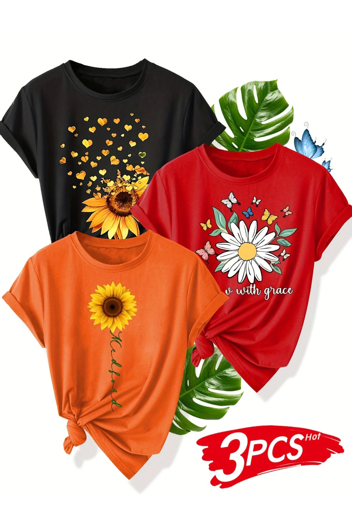 aynewmoda Kadın T-Shirt Aile, Arkadaşlar, Kardeşler - Yaz Sportif Klasik Çiçek Desenli: 3 adet 1200