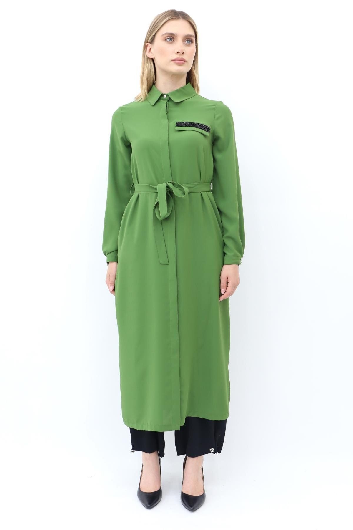 Armine Cep Detaylı Beli Kuşaklı Tunik - Yeşil
