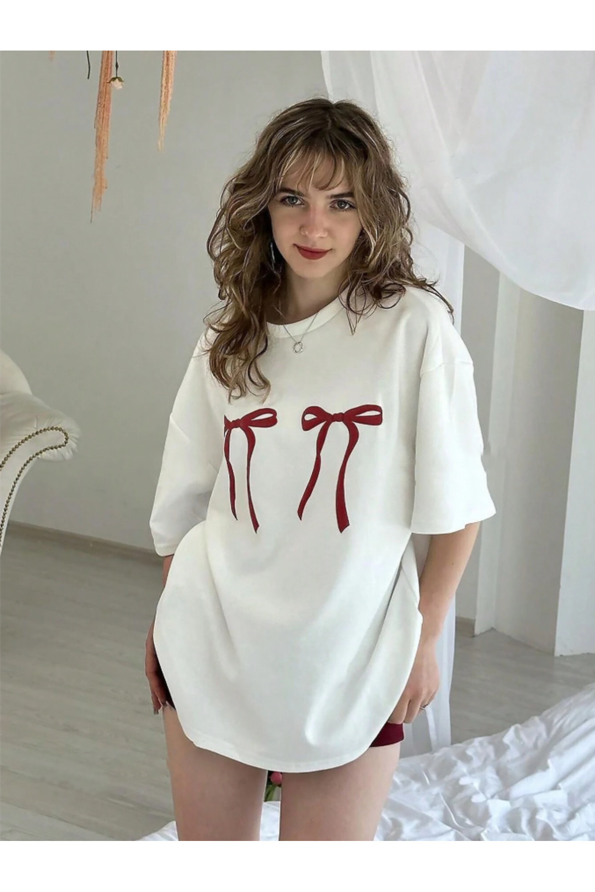 COHERENT  Unisex Erkek/Kadın Kurdele Özel Baskılı Oversize Pamuklu T-Shirt Tişört - Görsel 3